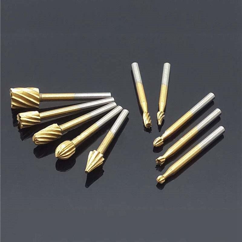 10 stuks titanium frees roterende vijl houtsnijwerk snijmes gereedschap accessoires + locator gelegen hoorn