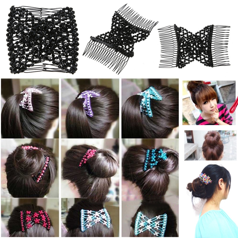 Vintage Flower Bead Stretchy Hair Combs Accessories Double Magic Slide Metal Comb Elasticity Clip Hairpins for Women Headband