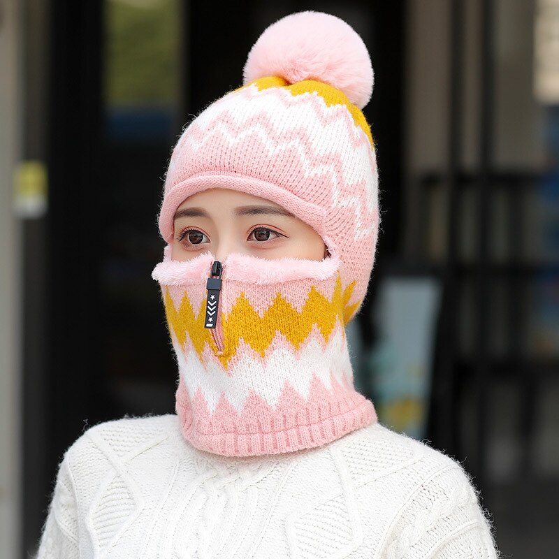 Double-Use Women Warm Knitted Hat Scarf Hooded Collar Elastic Winter All-Match Adult Teen Thick Soft Neck Warmer Female Caps: ZIPPER PINK