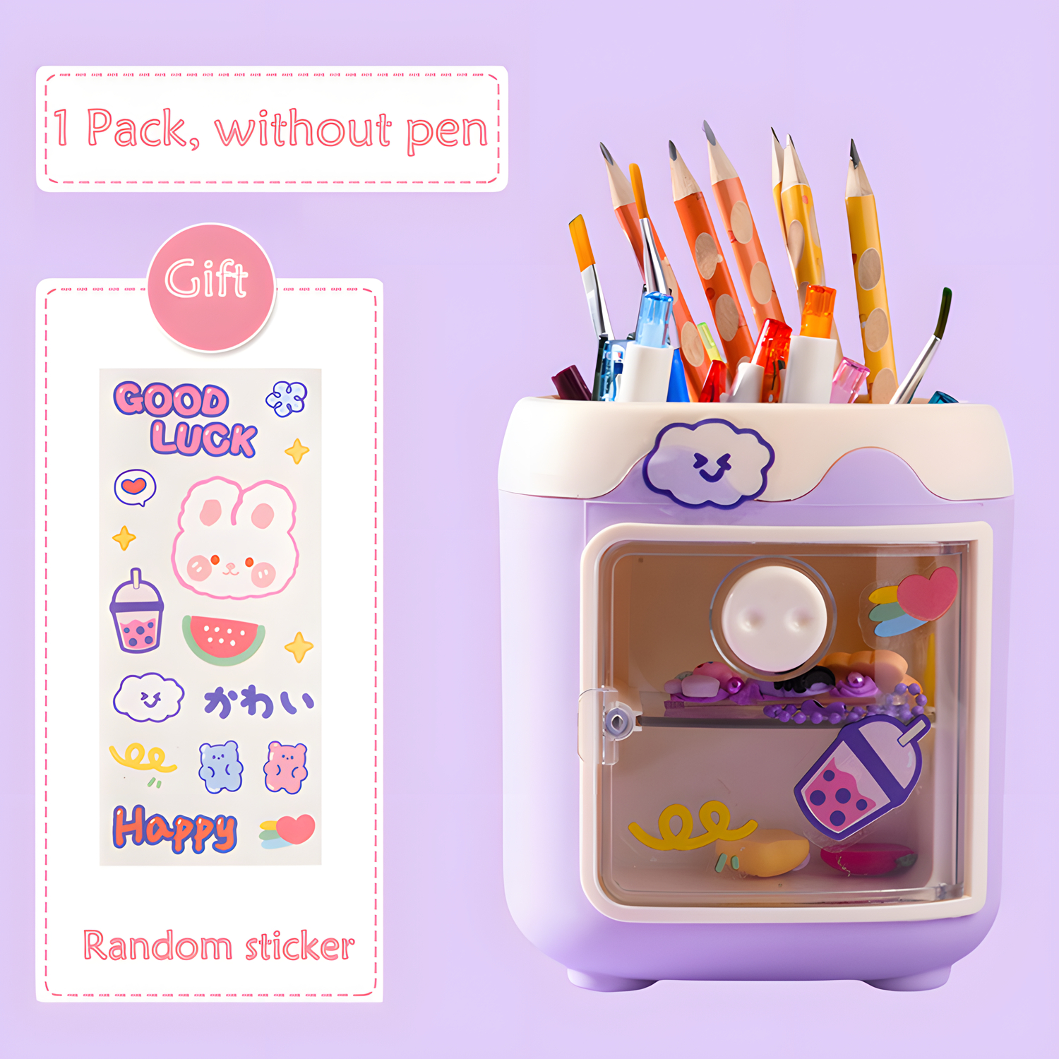 Pen Holder Organizador de Lápis com Gaveta, Cosméticos Maquiagem Brushes Holder para Penteadeira, Pig Nose Cute Pen Holder for Office: Lavanda