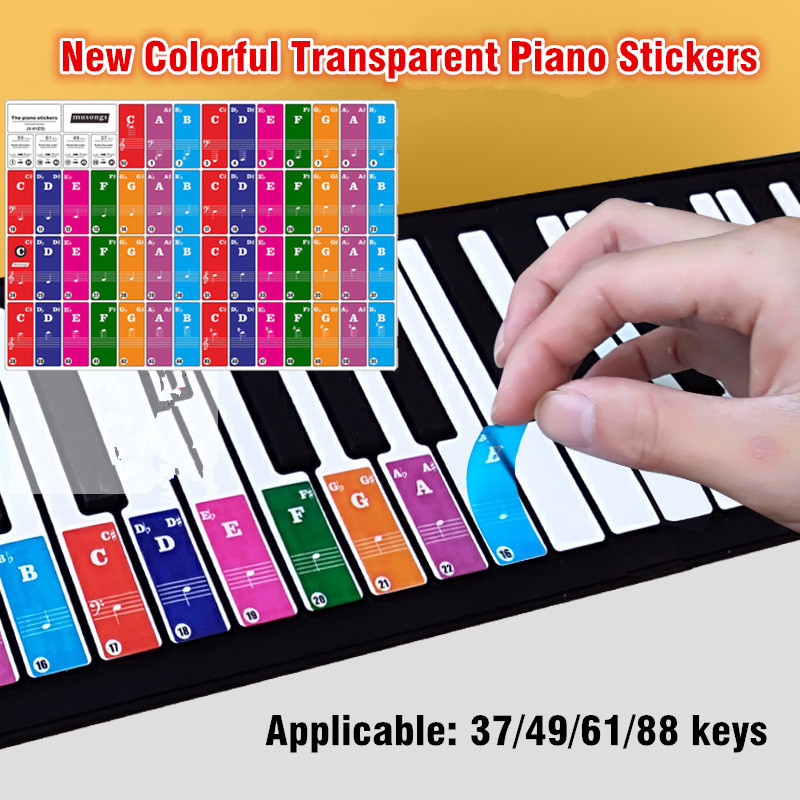 37/49/61/88 Keys Colorful Transparent Piano Keyboard Stickers Electronic Keyboard Sound Name Key Stave Note Symbol Sticker