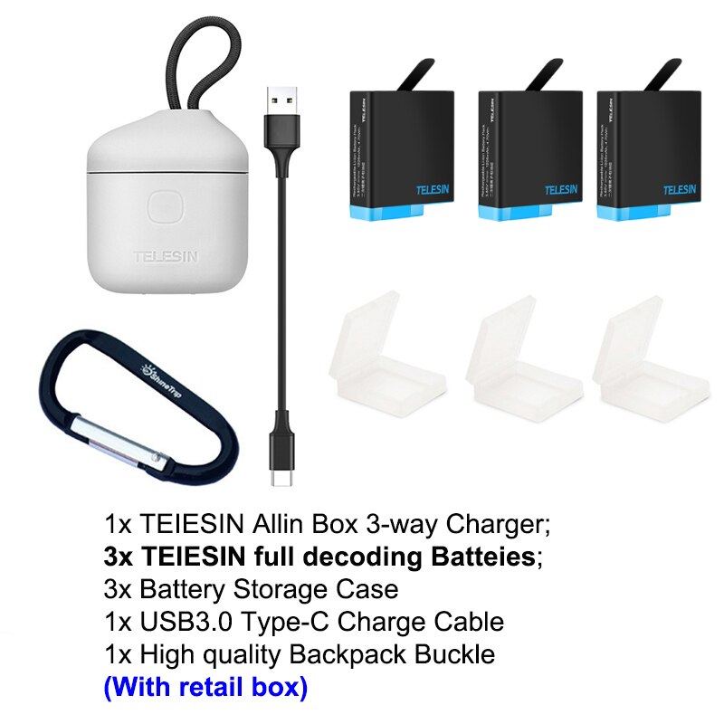 Decodificador TELESIN de batería de li para Gopro 8 7 6 5 y 3 en 1, caja de almacenamiento, cargador, lector de tarjetas para cámara go pro hero 8 5 6 7 hero8