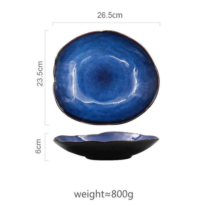 Ceramic Plate Irregular Dish Tableware Series Western Food Plate European Blue Color Glaze Salad Bowl Main Dish Kitchen Supplies: 26.5cm