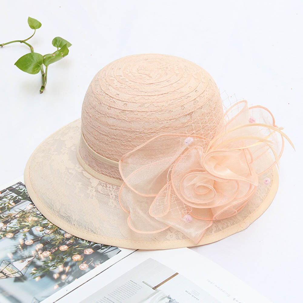 Fs Elegante Bloem Kant Garen Cloche Hoed Beige Opvouwbare Dames Zonnebrandcrème Mode Banket Brede Rand Tovenaar Hoeden