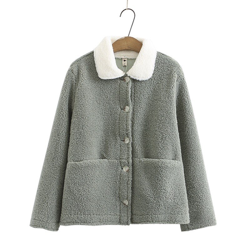 Femmes hiver polaire veste col claudine bouton vers le bas manteau Sport décontracté Preppy automne veste Beige café mignon manteaux: Green / 3XL