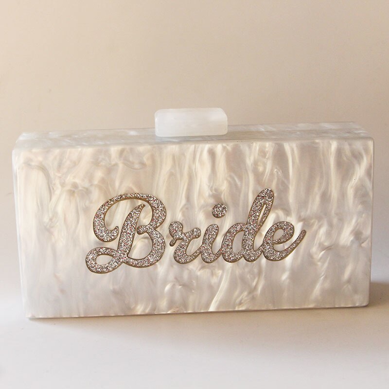 Pearl White Silver Glitter Name Bride Personal Party Beach Summer Lady Acrylic Claps Women Box Clutches Purse Wallet