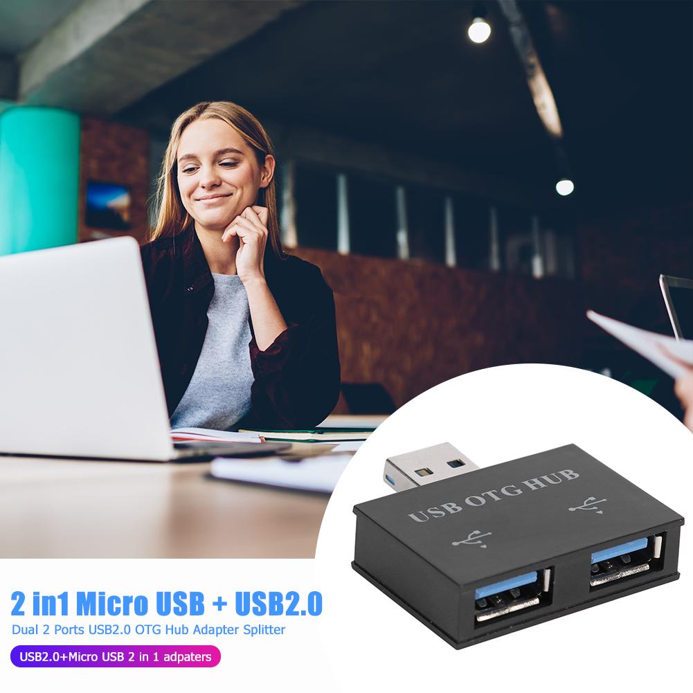2 in 1 usb 2.0- hub, micro usb otg-hub, oplaadpoortconverter voor android-tablet, muis, toetsenbord, usb-flashstation