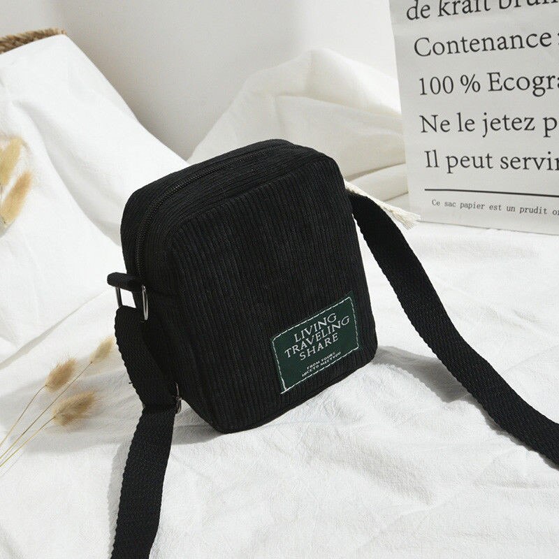Sac à bandoulière solide en velours côtelé pour femmes, sac à main à épaule simple, fourre-tout mignon, sac messager, porte-monnaie pour filles, décontracté: Black