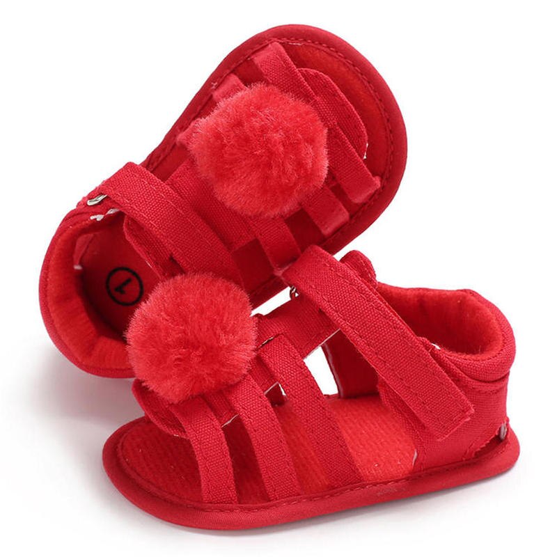 Sapatos Menina Sandálias do bebê Macio Anti-Slip Sole Verão Fuzzy Bola Berço Newborn Primeiro Walker Sapatos Peso Leve