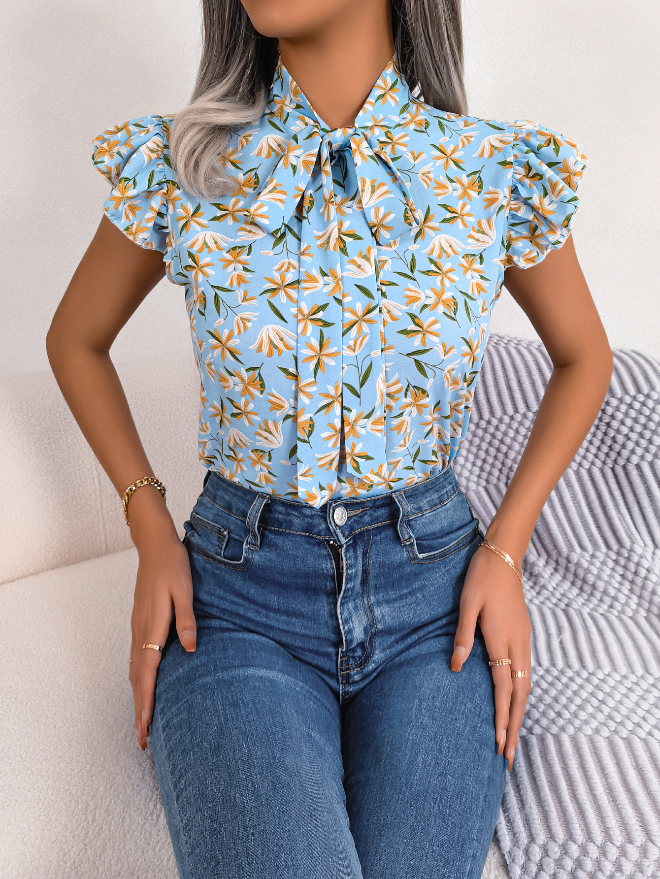 Blusa informal con estampado Floral para mujer, blusa de gasa con volantes y lazo, Top de verano