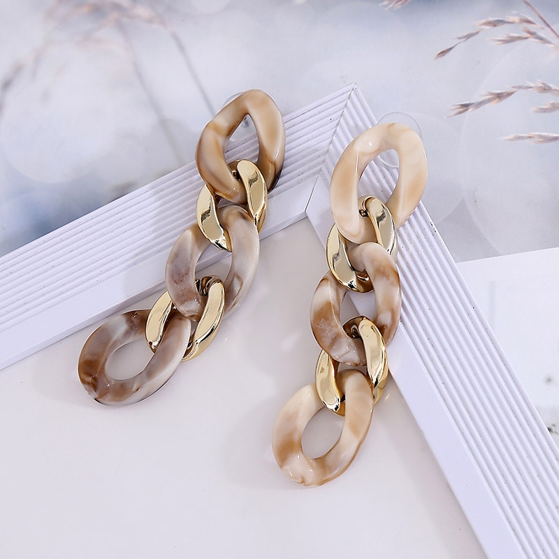 Trendy Long Chain Acrylic Vintage Earrings For Women Geometric Brown Resin Statement Earring Retro Jewelry