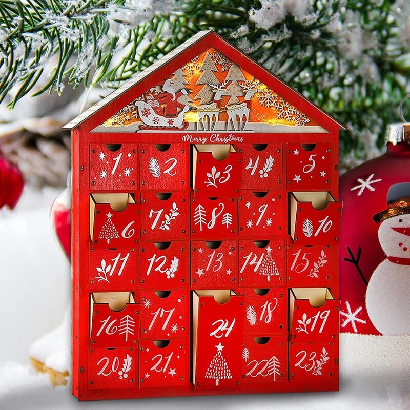 Calendrier de l'avent en bois rouge, maison avec lumière LED 24 tiroirs de rangement, organisateur de bonbons, compte à rebours de noël, P82C