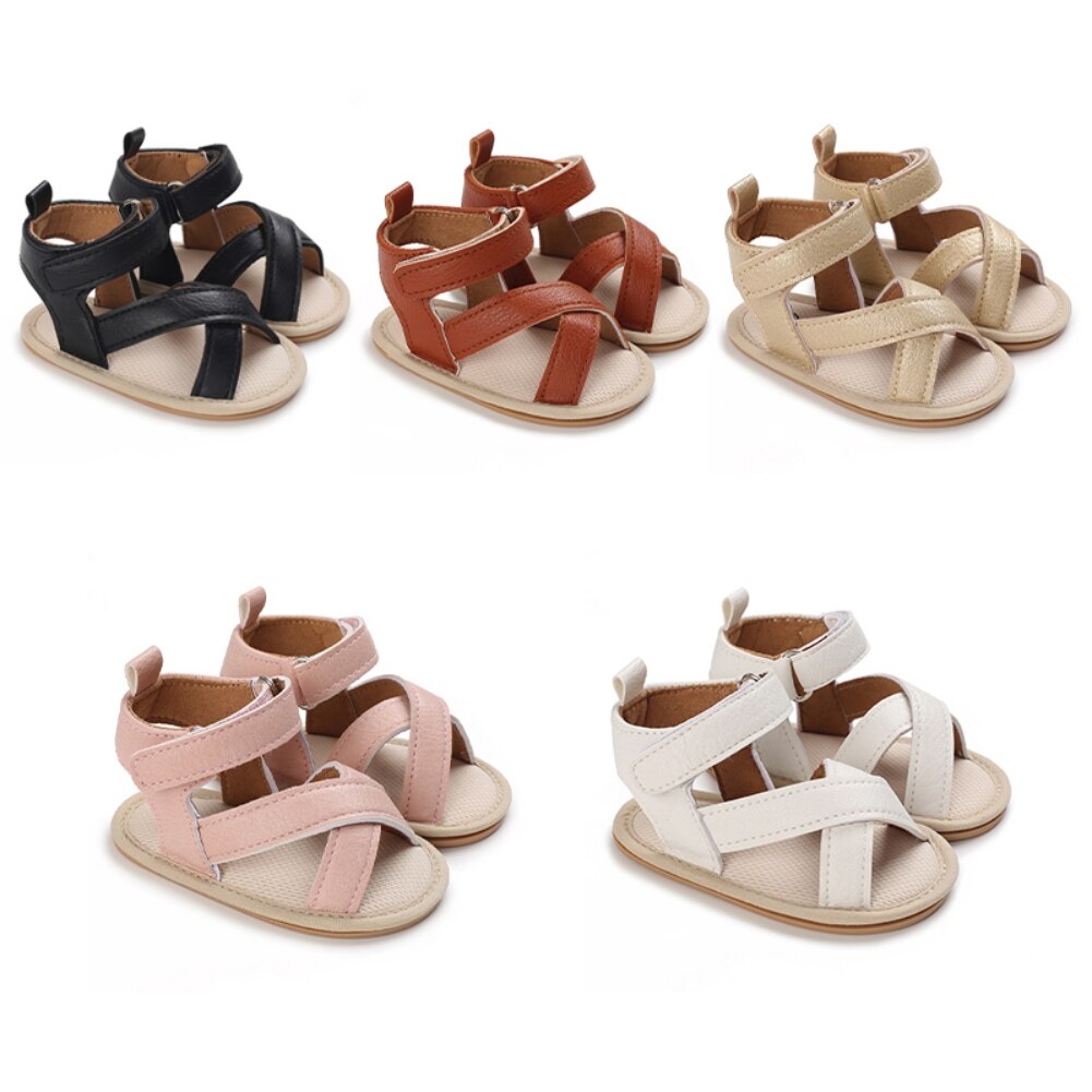 Sandales d'été classiques pour bébés filles et garçons, semelle souple antidérapante à bretelles croisées décontractées, chaussures d'extérieur en PU pour premiers pas des tout-petits