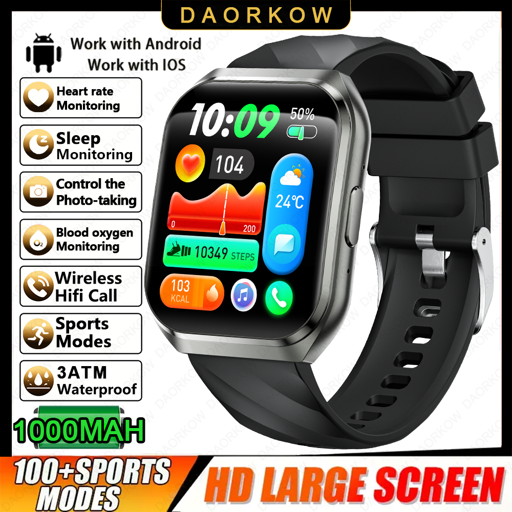 Nuovo Smart Watch Uomo 1000mAh Standby lungo Smartwatch esterno Uomo IP68 Impermeabile Frequenza cardiaca Sport BT Chiamata Batteria grande Orologio intelligente: BIANCO