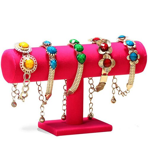 Portable Velvet Bracelet Bangle Necklace Jewelry Display Stand Holder Watch Jewelry Organizer T-Bar Rack: One rose red