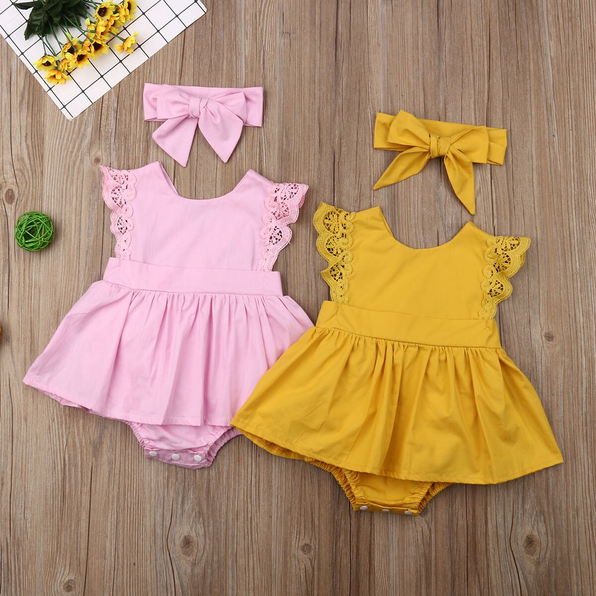 niños ropa de verano ropa de bebé chico bebé niña encaje 2 piezas mono diadema ropa vestido de encaje monos de manga ropa