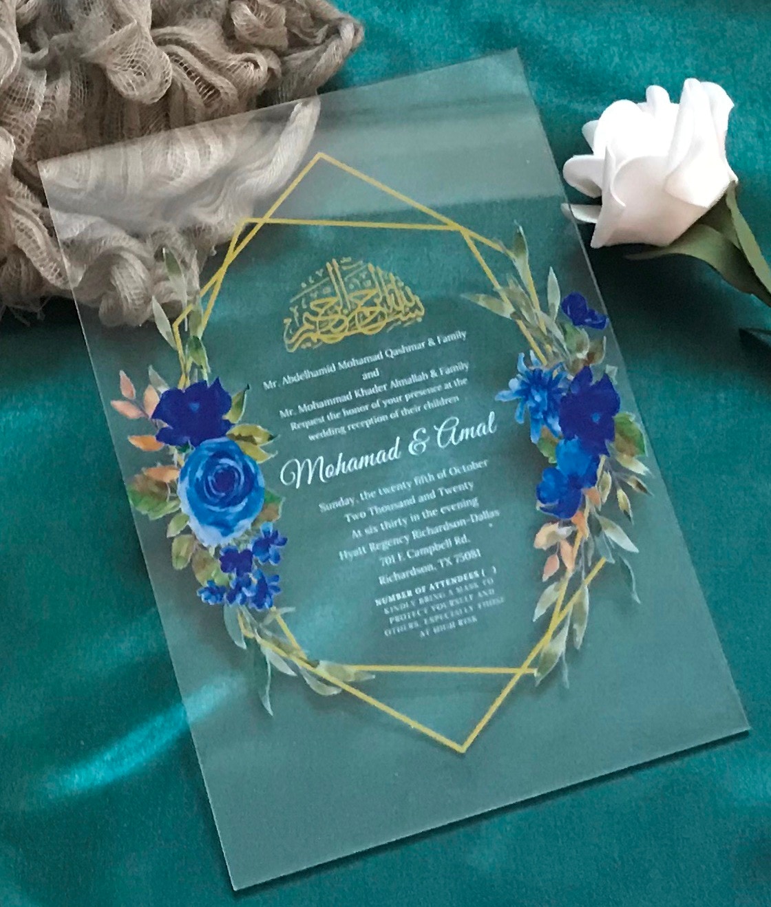 Navy Blue Flowers Acrylic Wedding Invitation.Gold Geometric Acrylic Invitations,10pcs Custom Acrylic Invite,white ink Clear Card