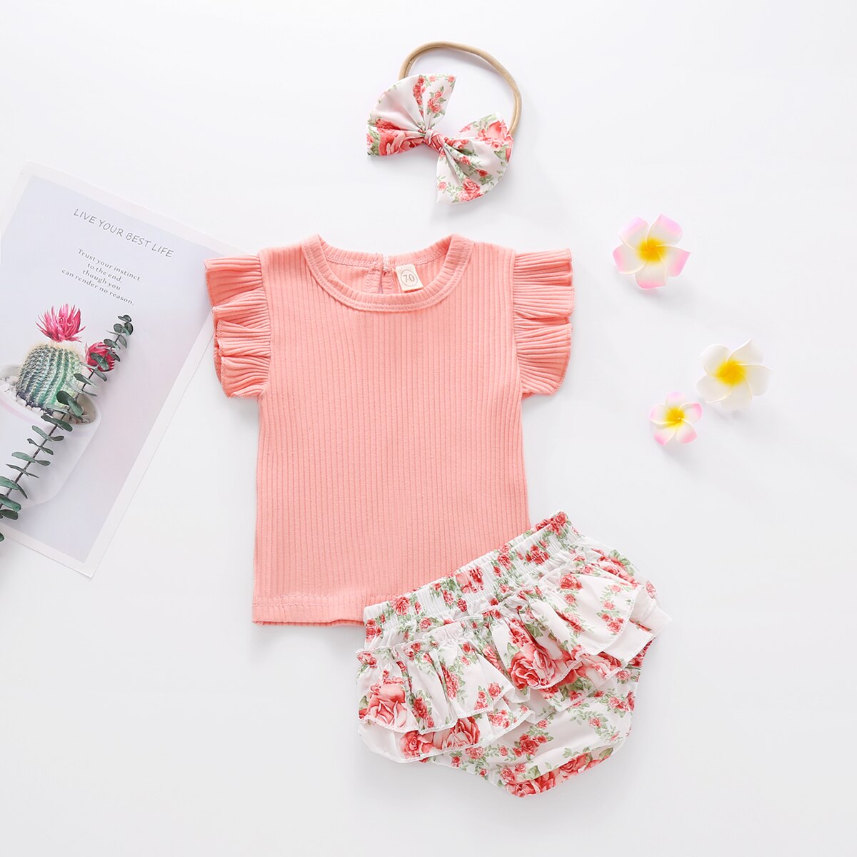 Schattige Baby Meisje Kleding Ruches Mouwloze Top + Bloemenprint Shorts + Hoofdband 3 Stuks Maat 0-24M: A / 12m