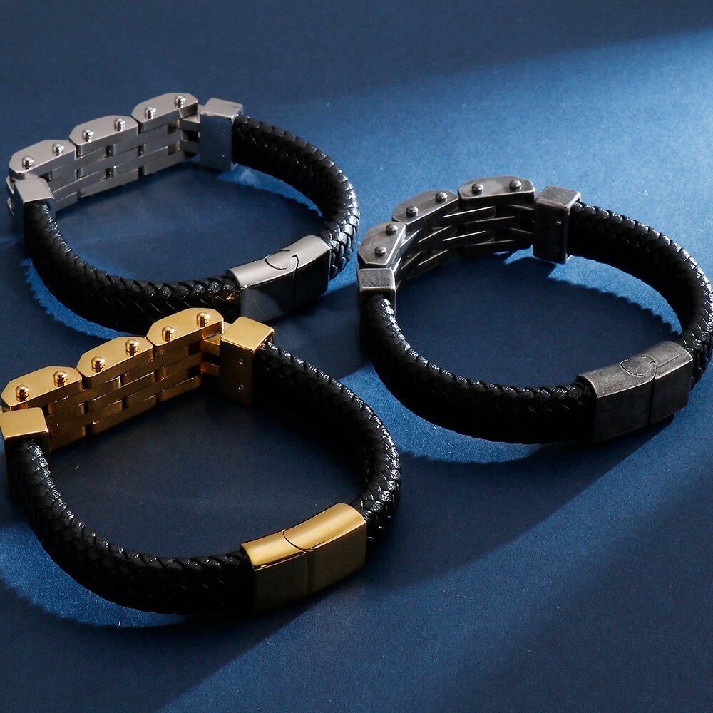 Vintage Handgemaakte Mannen Lederen Armband Voor Mannen Rvs Heren Armbanden Biker Sieraden Gratis Logo Naam Graveren Maken