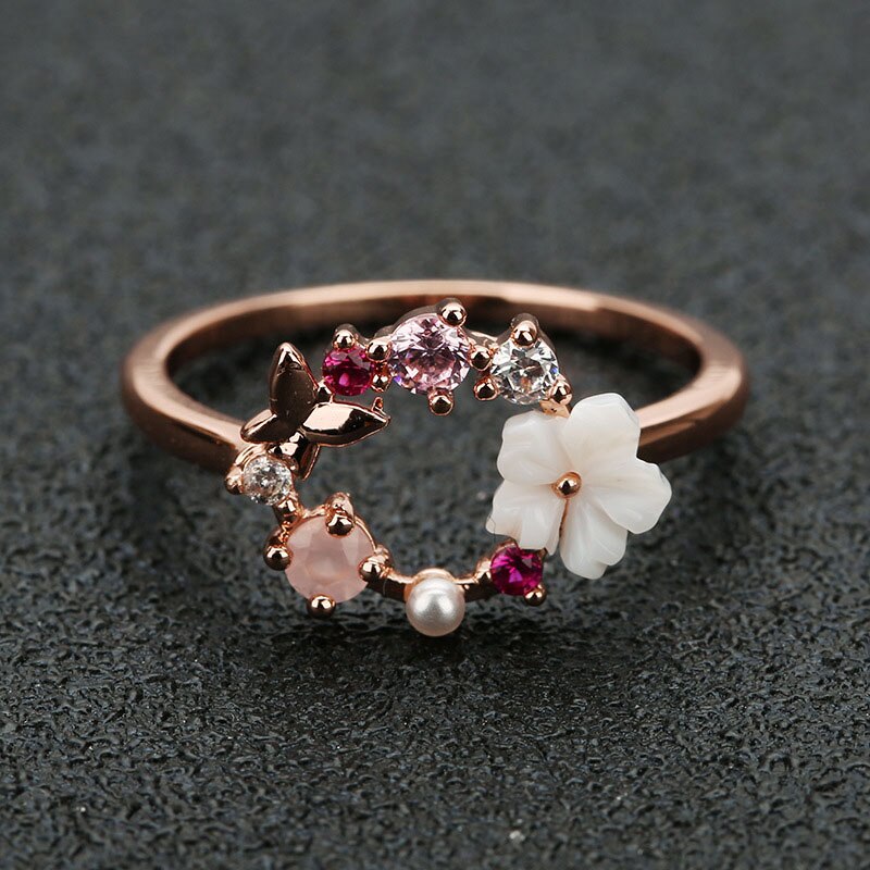 Anillo de Glamour 7 9, oro rosa, 8 cristales, 10 anillos de boda, 1 tamaño de unidad, 6 flores de mariposa creativas a la , flor de circón