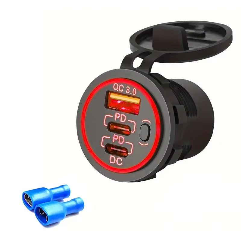 Enchufe de cargador de coche USB de 12V, doble puerto de 30W PD USB-C USB-C y 18W QC3.0, accesorios de cargador de coche para coche, RV, barco, camión marino y motocicleta: Negro