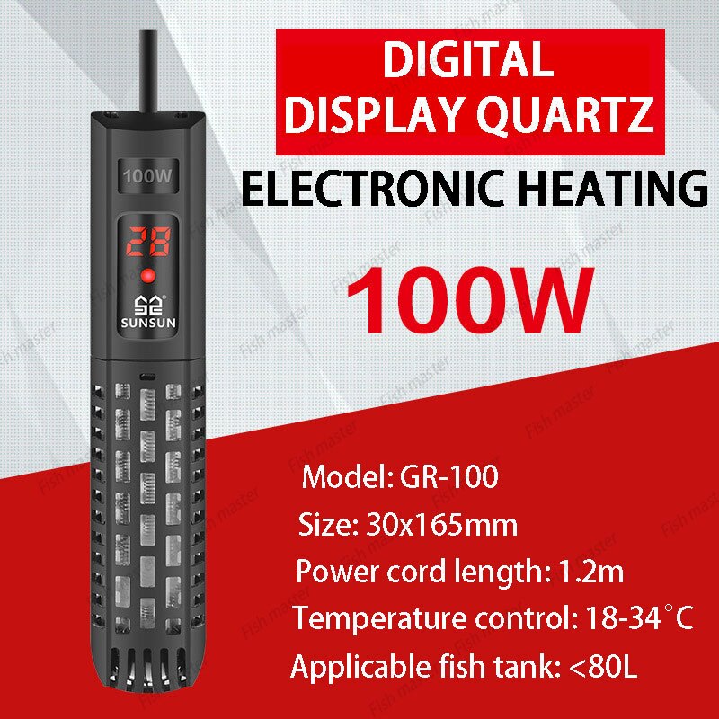 SUNSUN Aquarium Submersible Heater Fish Tank LCD Display Digital Adjustable Water Heating Rod Constant Temperature Control: GR100W / AU adapter plug