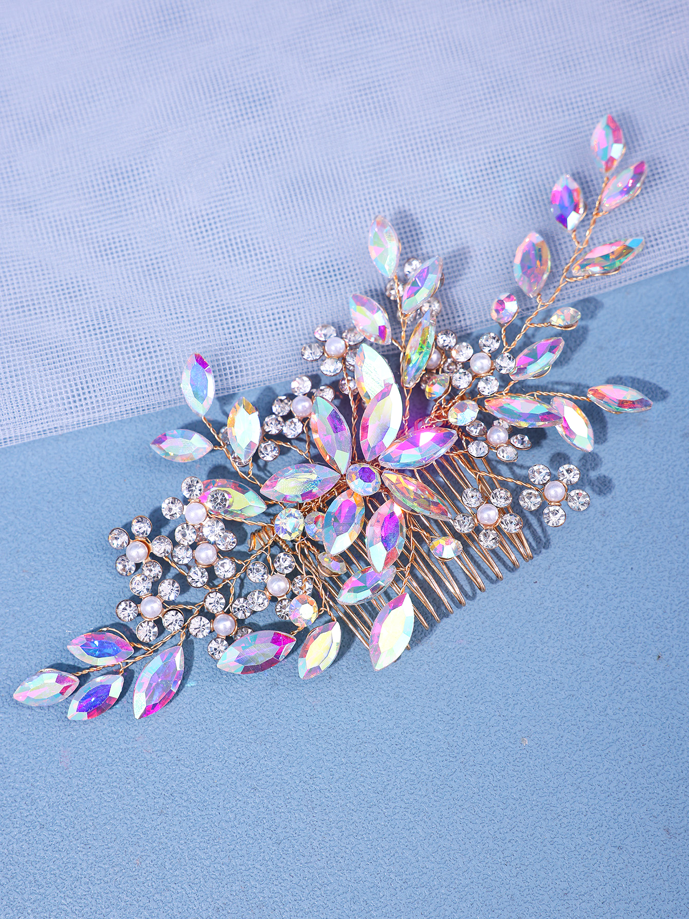 Peinetas para el pelo de novia con flores de cristal y perlas, joyería para el cabello con diamantes de imitación, accesorios de boda, Tiara nupcial, diadema, tocado de perlas para graduación: YELLOW