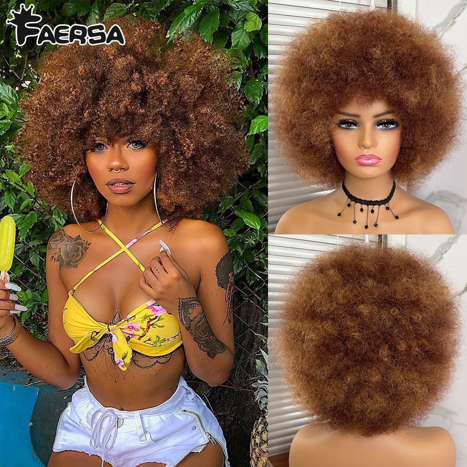 Kort haar Afro Kinky Krullende Pruiken Met Pony Voor Zwarte Vrouwen Afrikaanse Synthetische Ombre Cosplay Natuurlijke Blonde Rood Blauwe Pruik