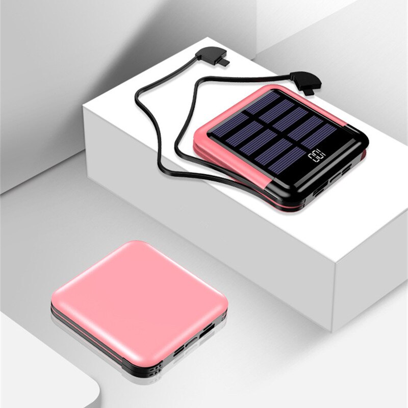 Bærbar solenergi bank digital skærm batteri opladningspakke solenergi bank 10000 mah mini power bank usb type-c telefon kabel: Lyserød
