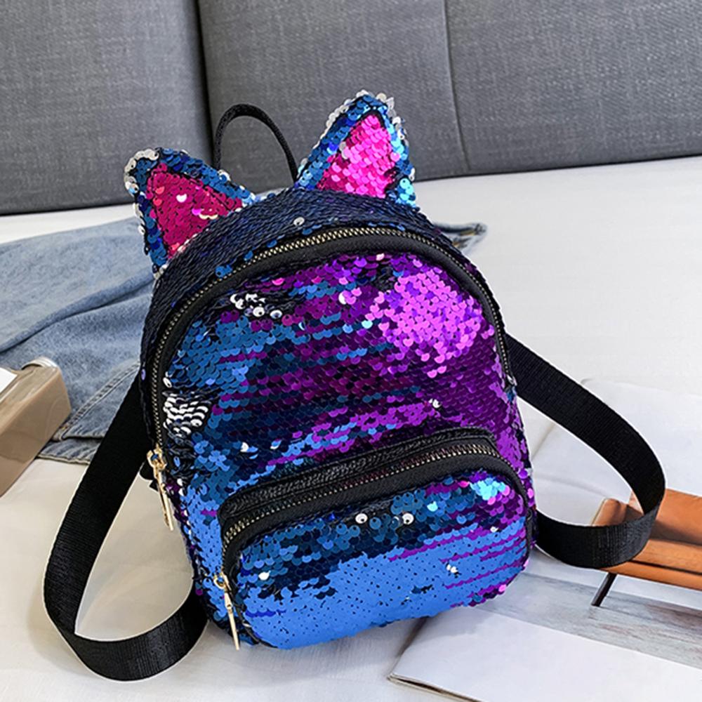 Mochila de lentejuelas con orejas de gato para chicas, bolso escolar de viaje, con cremallera