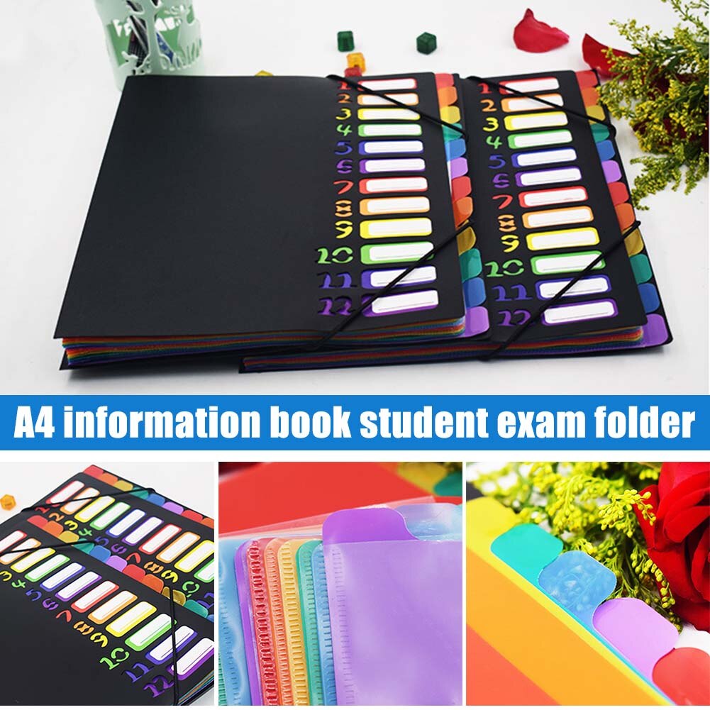 A4 12 Pages File Folders Rainbow Document Holder Organizer with Slash Pockets PP Material UY8