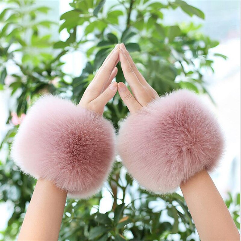 Manchette en fausse fourrure de renard de pour femmes, chauffe-bras, mignon, décor, hiver, automne, manches courtes, solide, W108: Leather Pink