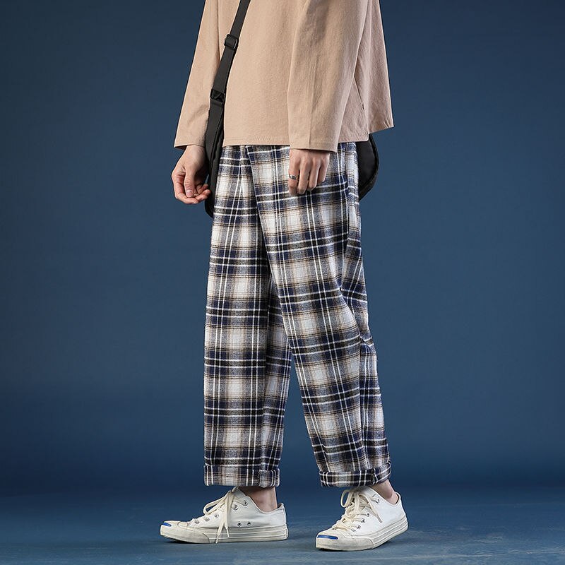 Pantalones a cuadros finos para hombre, ropa de calle informal Retro, salvaje, suelto, con cordón, M-3XL: L / Navy blue
