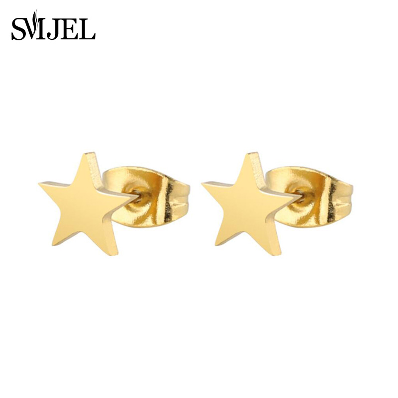 Nuevos pendientes de tuerca de estrella hueca de acero inoxidable para mujer, joyería de de cumpleaños Celestial para el día a día, adolescente y madre: Pistola negra plateada