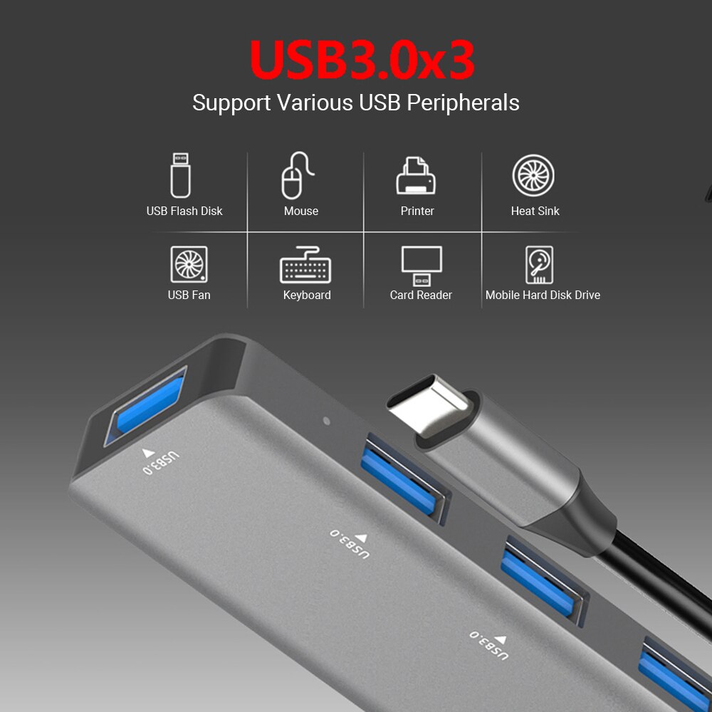 T508 5 in 1 Hub Typ C Zu USB3.0 * 4 + PD Intelligente USB Hub Multi-Hafen Adapter für Laptop Computer Handys Grau