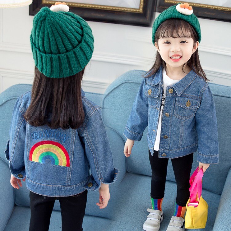 Del bambino del Denim Delle Ragazze Tute E Salopette Autunno Bambini Jean Giubbotti Arcobaleno Stampa Vestiti Per Ragazze Casual Bambini Torna A Scuola Outfit 2 4 6 7 8