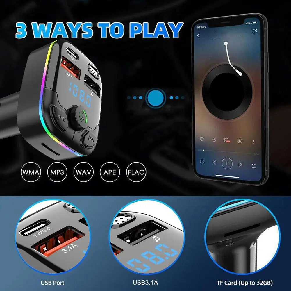 3.4A Bluetooth 5.0 PD Dual USB Car Charger MP3 Charger Type-C Wireless Light Charge Adapter in Car For iPhone Huawei Xiaomi OPPO
