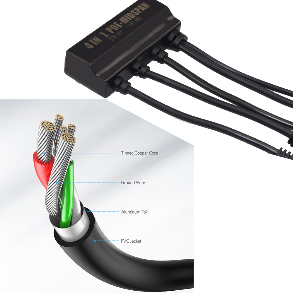 4 In 1 Power Over Ethernet Midspan Splitter Switch 10/100mbps IEEE802.3at/af 2A IP Camera Poe Splitter