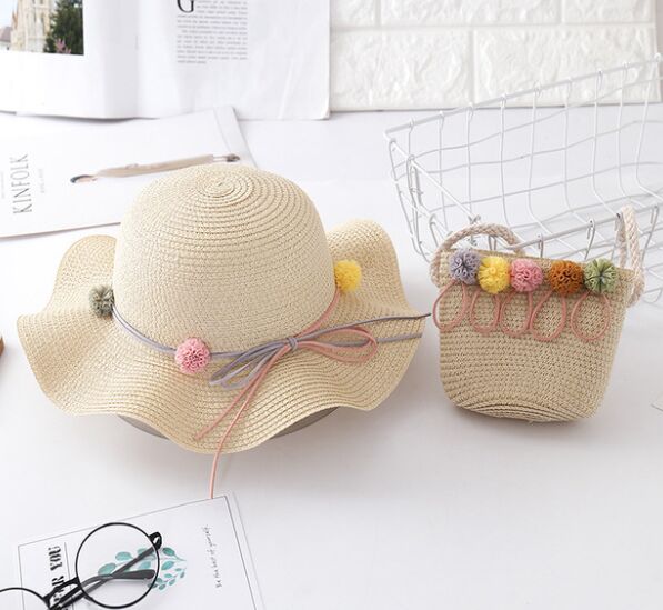 Chapeau et sacs en paille à fleurs pour enfants, ensemble deux pièces décontracté pour filles, sac à bandoulière + chapeau de soleil pour bébé, plage, panama, gorros: Style D