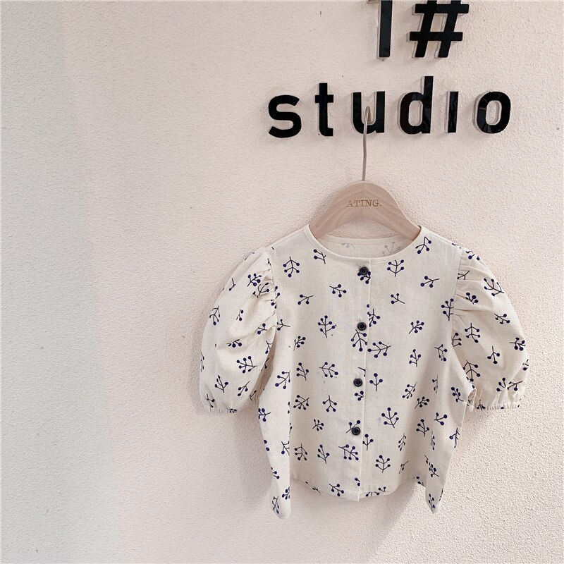 Camisas florales de manga abombada de estilo japonés para niñas, camisa holgada de lino 2022 con estampado de un solo pecho, ropa