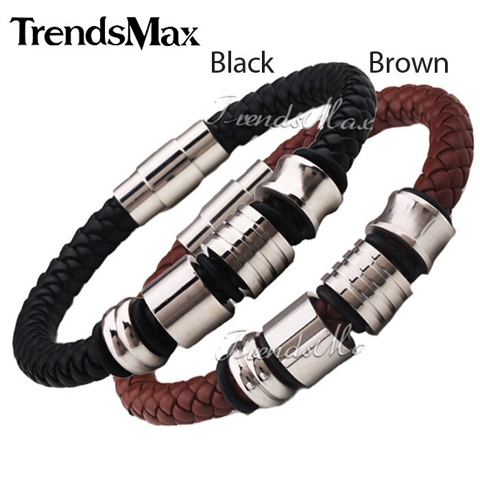 Trendsmax Mens Jongens Lederen Armband Gevlochten Touw Kraal Charme Bruin Mannelijke Polsband Rvs Magnetische Sluiting LBW86