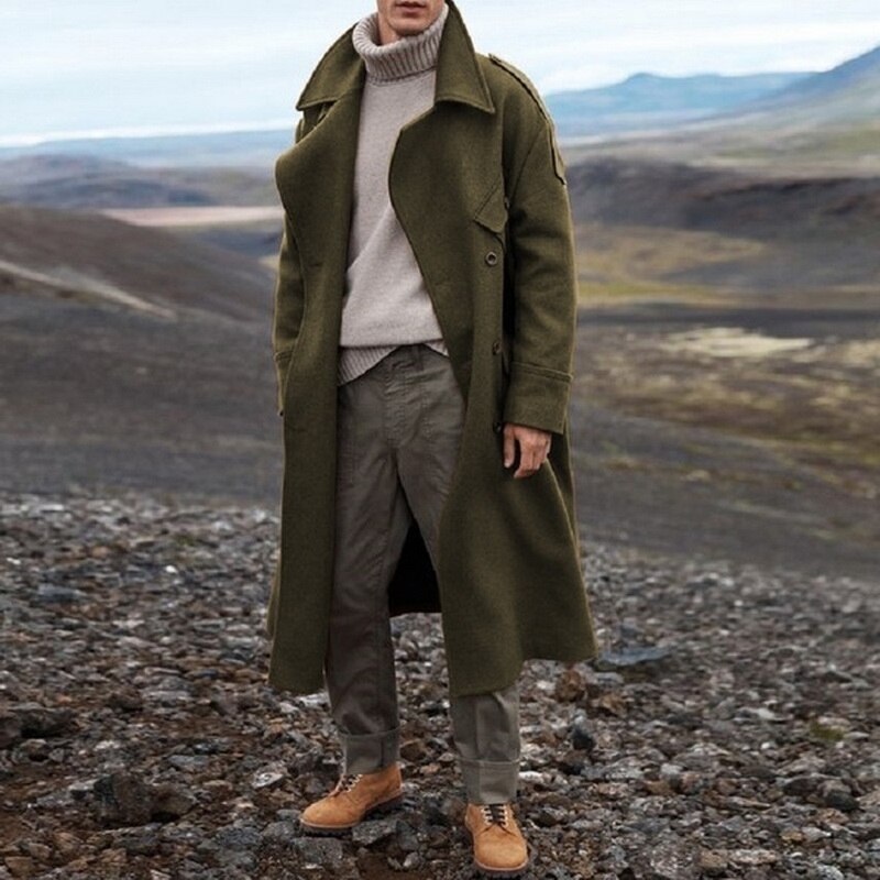 Kappa herr ledig lång jacka herr trenchcoat streetwear lång kappa herr solid herr vindjacka trenchcoat herr varm överrock: Armégrön / S