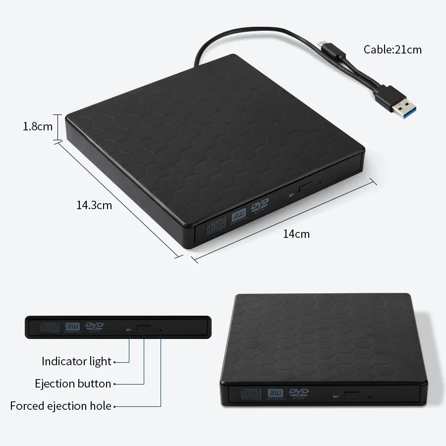 Unità DVD esterna USB 3.0 Tipo-C Lettore DVD portatile USB C Unità CD-RW esterna Lettore masterizzatore DVD-ROM per laptop PC desktop