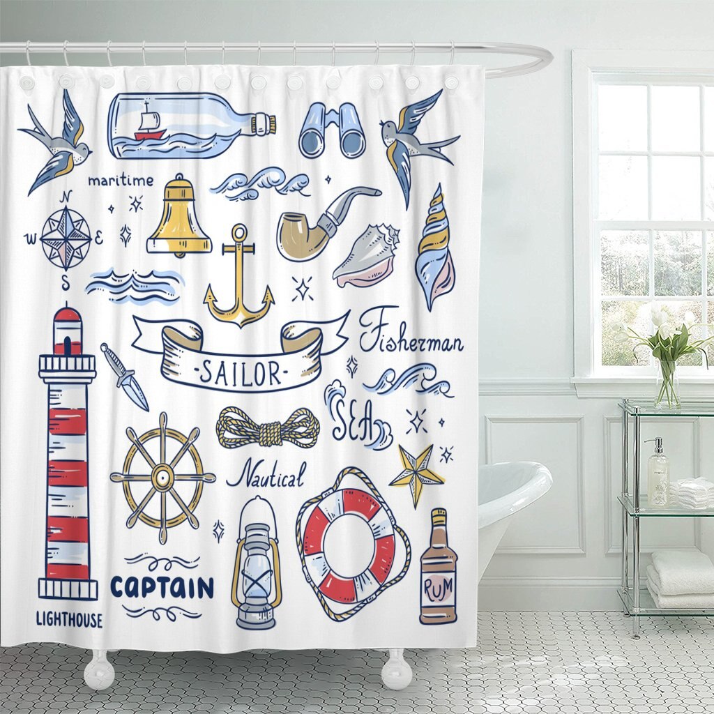 Fisherman Sailor Nautical Lighthouse Sea Waves Captain Seashells Anchor Shower Curtain Waterproof 72 x 72 Inches Set with Hooks