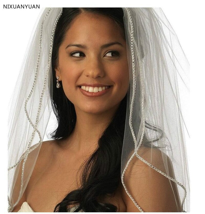 2 T 2 niveaux strass mariage voile court mariée voiles cristal strass bord