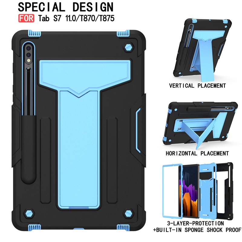 For Samsung Galaxy Tab S7 S 7 T870 T875 11 inch Case Kids Safe Hybrid Stand Full Body Silicon Hard Plastic Kickstand Cover Funda: Black Blue