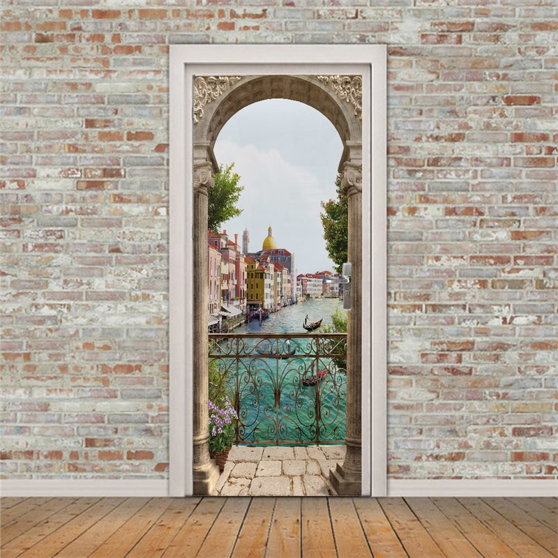 3D balcón mar paisaje puerta pegatina arte DIY pared Mural sala de estar dormitorio puerta papel tapiz PVC autoadhesivo impermeable decoración de casa
