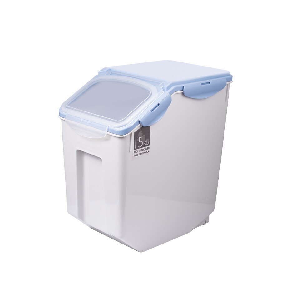 Tanque de arroz de plástico para cocina, caja de almacenamiento de granos sellada a prueba de humedad, contenedor grande de almacenamiento de alimentos para mascotas, antimoho y antioxidación, 10/15Kg: Blue Large Size