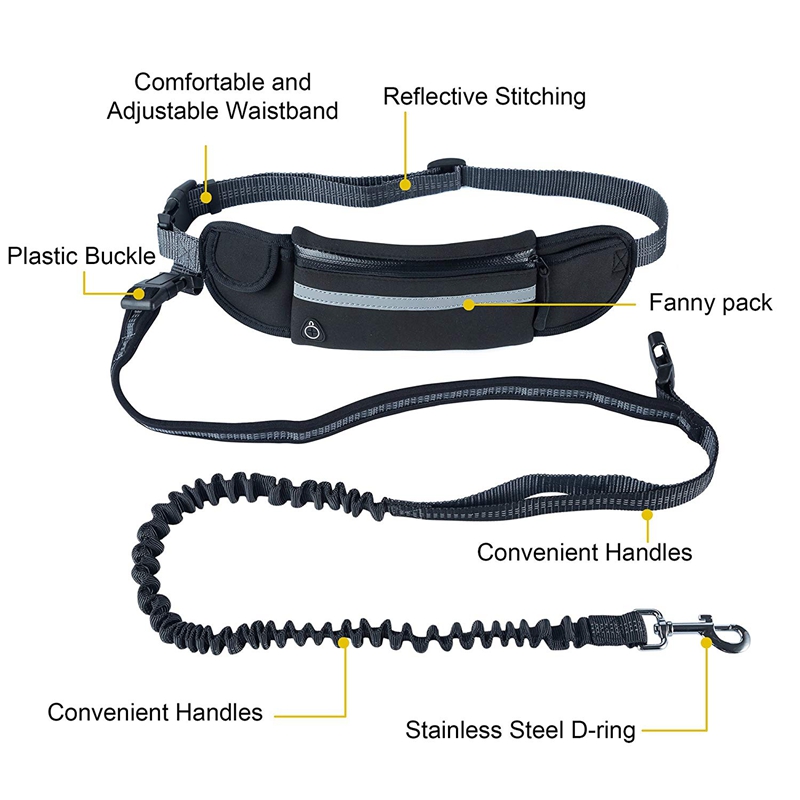 Hands Free Dog Running Leash with Waist Pocket Adjustable Belt Shock Absorbing Bungee Fits up to 45inch Waist black-ABUX