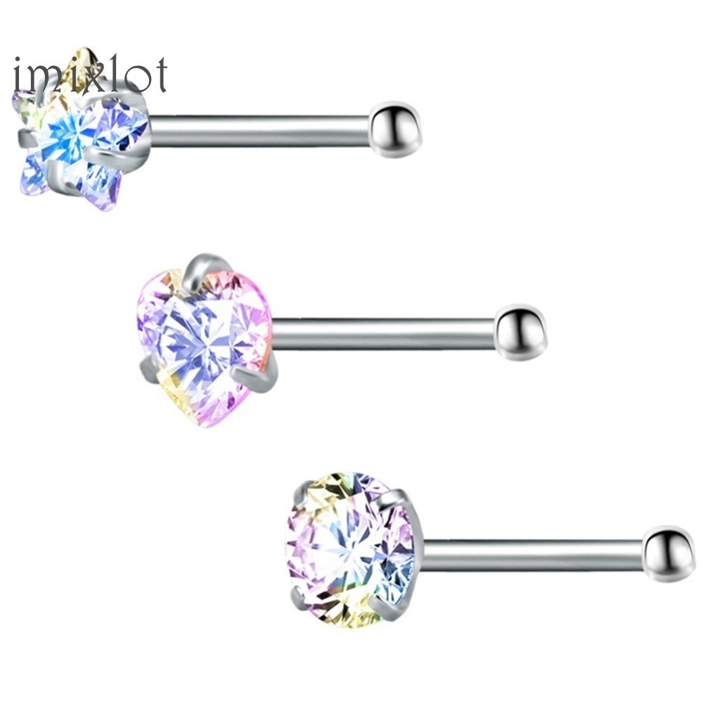 3 Pcs\lot Star Rhinestone Nose Studs Bar 316 Stainless Steel Nose Piercing Pin Earrings Crystal Nariz Nose Rings Jewelry